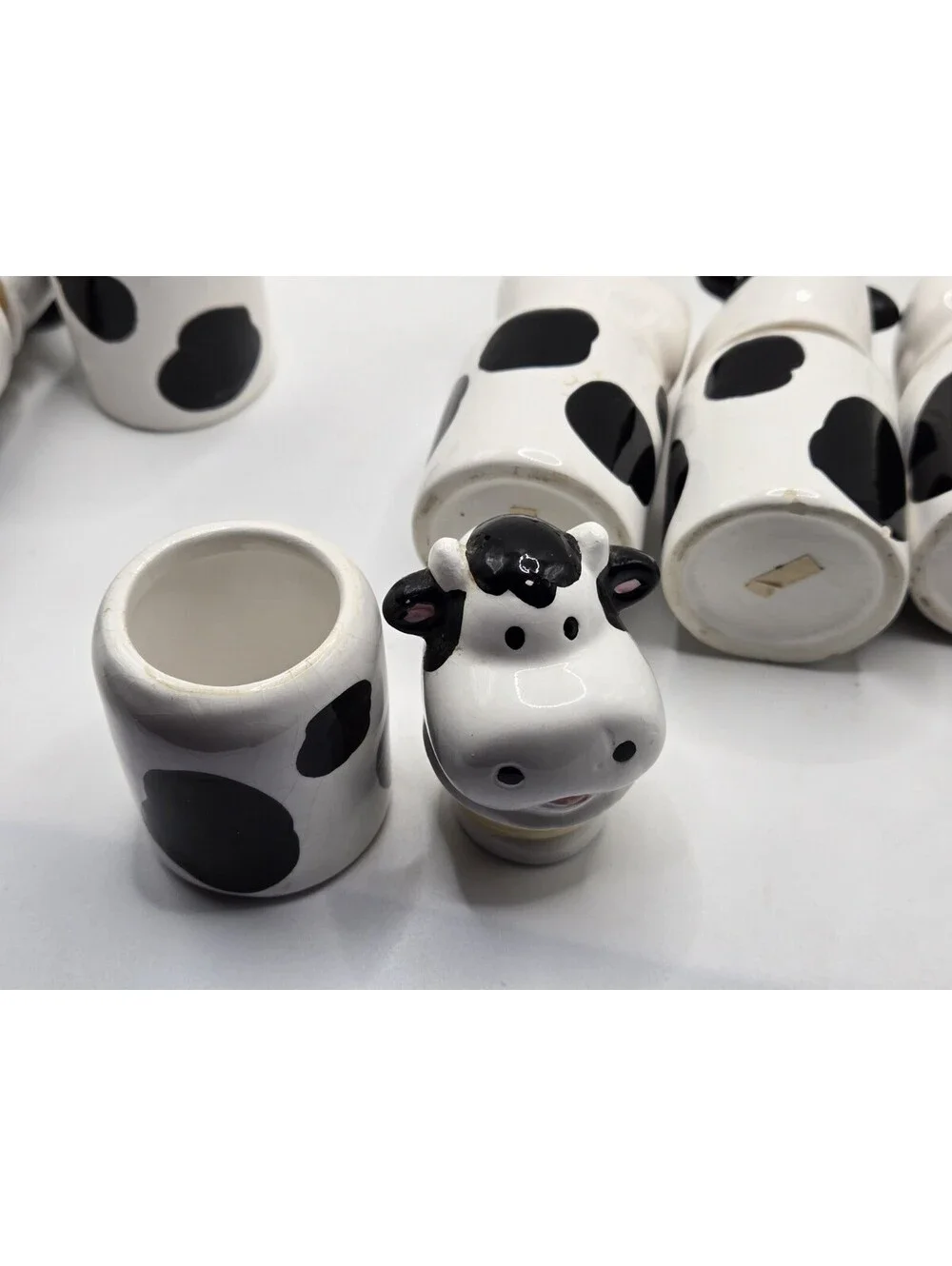 Vtg Ceramic Cow Spice Jars Shakers Set of 7 Black White Country Kitchen AS IS